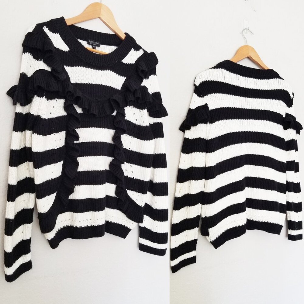 Topshop Humbug Ruffle Striped Knit Sweater Size 8 Black White Romantic Parisian - Picture 12 of 15